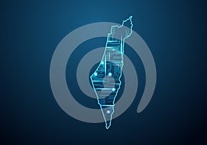 Abstract futuristic map of israel Palestine. Circuit Board Design Electric of the region. Technology background. mash line and photo