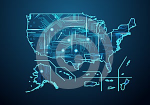 Abstract futuristic map of usa Territories. Circuit Board Design Electric of the region. Technology background. mash line and