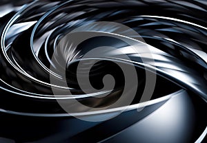 Abstract futuristic metal aluminum spiral twisted object on black background.