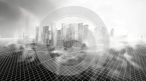 Abstract Futuristic monochrome digital cityscape with wireframe grid