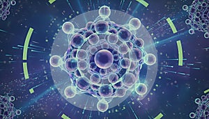 Abstract Futuristic Quantum Computing Concept: Intricate Luminous Spheres Forming a Complex Molecular Structure with Digital