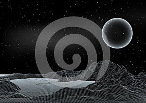 Abstract futuristic space scene with wireframe digital landscape