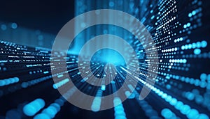 Abstract futuristic tech background. Blue lines of binary code. Digital, abstract pattern. Dynamic, rapid data stream.