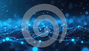 Abstract futuristic tech background. Digital blue particles form wave-like patterns, creating modern, dynamic tech design. Ideal