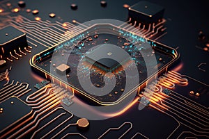 Abstract futuristic technological background, floating circuits, charts, digits elements. Nano chip circuit, modern micro