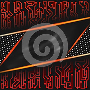 Abstract futuristic technological background of red, orange, black, gray, and white shades with with circuit board elements