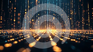 Abstract Futuristic Technology Background, Digital Data Flow, Gold Particles, Binary Code Stream