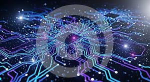 Abstract Digital Circuit Network with Glowing Data Flow