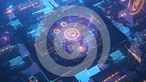 Abstract futuristic technology background with glowing digital elements, data and user interface