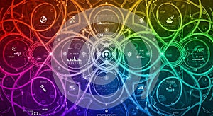 Abstract futuristic technology interface with colorful circuit network and data visualization elements