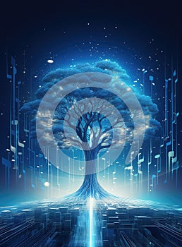 abstract futuristic tree with music notes on dark blue background, vector illustration