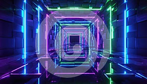 Neon Neon Tunnel: Futuristic Multicolor Light Corridor with Reflective Floor