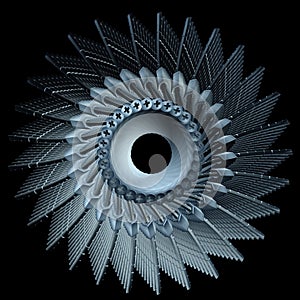 Abstract Futuristic Turbine With Overlapping Blades Isolated On Black