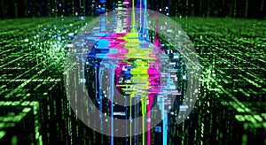 Abstract Digital Data Stream Flowing Through Neon Green Binary Code Network