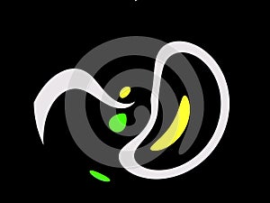 An abstract game of the domination of white, yellow and green shapes on a black background