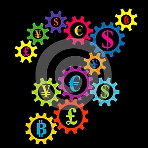 Abstract gearing with currency coins colorful background