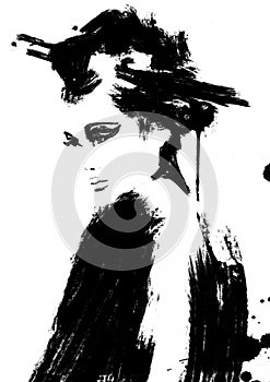 Abstract Geisha woman painting, black and white art. Portrait asian girl with chopsticks in her her