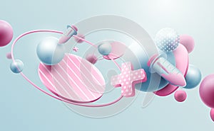 Abstract geometric 3D effect compositions with futuristic background. Medicine and science concept. Cute shape and pastel color