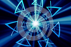 Abstract geometric 3D futuristic blue triangle tunnel. Future technology sci-fi background, business, science concept. 3d