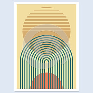 Abstract geometric art with arch and circles. Modern boho background. Line arc shapes, sun design. Contemporary print