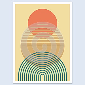 Abstract geometric art with arch and circles. Modern boho background. Line arc shapes, sun design. Contemporary print