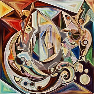 Abstract geometric artwork featuring an array of shapes and lines