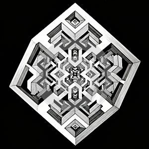 Abstract geometric artwork featuring a symmetrical, hexagonal pattern. The design