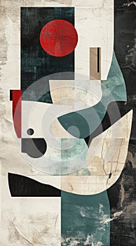 Abstract Geometric Artwork with Red, Teal, and Beige Shapes photo