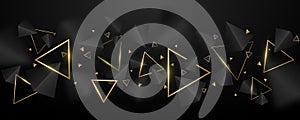 Abstract, geometric background. 3d, black and golden triangles. Elegant wallpaper design for template, cover or banner. Decorative