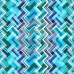 Abstract geometric background, curly broken lines and zigzags in blue, turquoise and white colors. Bright color vector pattern