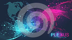 Abstract geometric background with dynamic particles, wave flow. Big data, plexus stream background. Perspective data