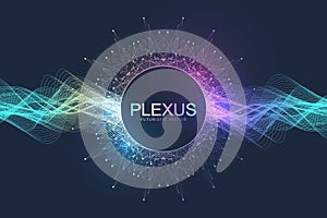 Abstract geometric background with dynamic particles, wave flow. Big data, plexus stream background. Perspective data