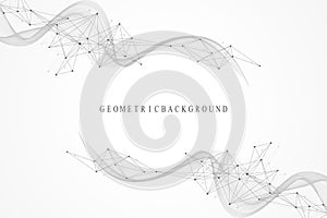 Abstract geometric background with dynamic particles, wave flow. Big data, plexus stream background. Perspective data