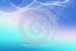 Abstract geometric background with dynamic particles, wave flow. Big data, plexus stream background. Perspective data