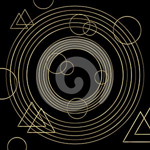 Abstract geometric background, golden circles on a black background. Illustration, vector