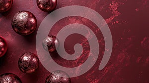Abstract geometric background with large 3d shapes, dark red or marsala color backdrop with metal textured balls and