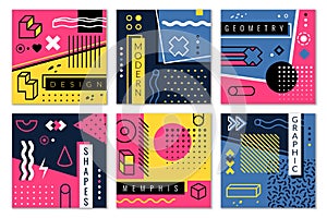 Abstract geometric background. Modern graphic shapes in memphis style, colourful stripes and dots vector design for