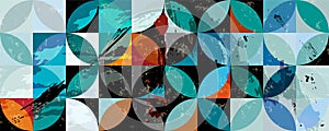 Abstract geometric background pattern, with circles, squares, paint strokes and splashes, retro style