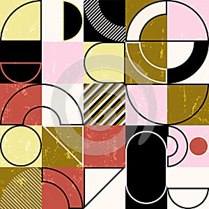 abstract geometric background pattern, retro style, with circles, semicircle, squares, lines, paint strokes and splashes