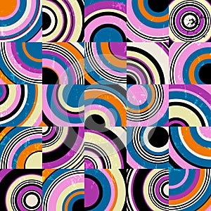 Abstract geometric background pattern, retro style, with circles, squares, paint strokes and splashes
