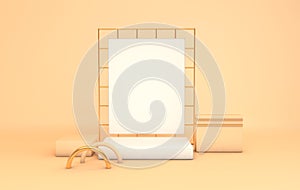 Abstract geometric background with primitive shapes square podium, blank poster, gold metal grid. Empty showcase, shop display in