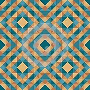 Abstract geometric background - seamless vector pattern in green blue and gold brown colors. Ethnic boho style. Mosaic ornament.