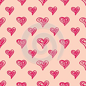 Abstract Geometric Background - Seamless Vector Pattern with Red Heart signs for Valentine`s Day. Handwritten sketch drawing