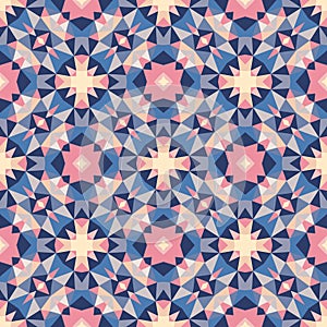 Abstract geometric background - seamless vector pattern in violet, pink, lilac and blue colors. Ethnic boho style.