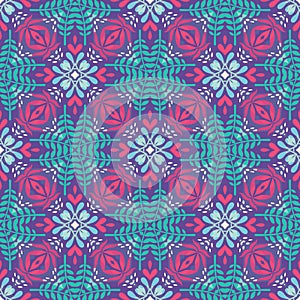 Abstract geometric background - seamless vector pattern in violet, pink and lilac colors. Ethnic boho style. Mosaic ornament struc