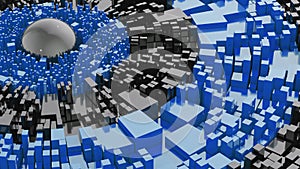 Abstract geometric background with square extrude and black sphere. Blue and black materials. Science fiction concept. 3D render