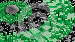 Abstract geometric background with square extrude and black sphere. Green and black materials. Science fiction concept. 3D render