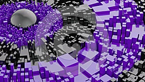 Abstract geometric background with square extrude and black sphere. Violet and black materials. Science fiction concept. 3D render