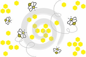 Abstract geometric background with yellow hexagons and bees on white background. Seamless pattern with honeycombs, bees