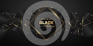 Abstract, geometric banner of 3d, black and golden triangles for Black Friday sale. Label with elegant, decorative polygonal